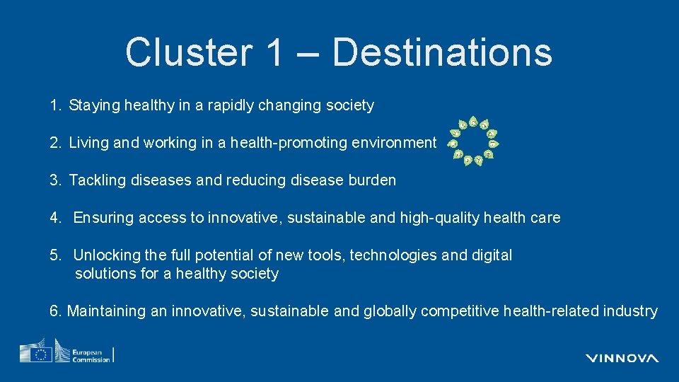 Cluster 1 – Destinations 1. Staying healthy in a rapidly changing society 2. Living