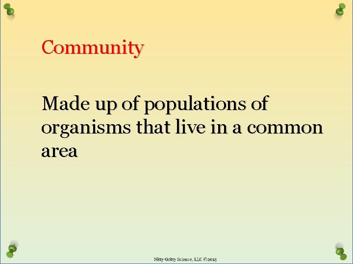 Community Made up of populations of organisms that live in a common area 