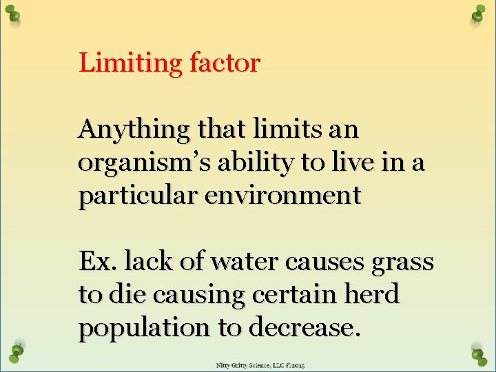Limiting factor Anything that limits an organism’s ability to live in a particular environment