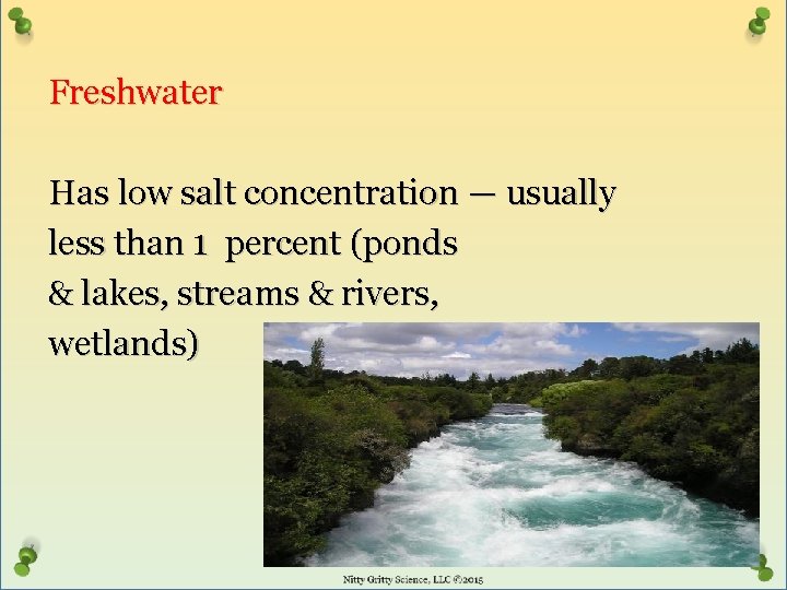 Freshwater Has low salt concentration — usually less than 1 percent (ponds & lakes,