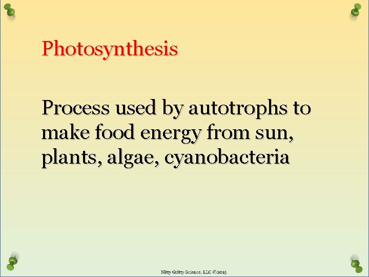 Photosynthesis Process used by autotrophs to make food energy from sun, plants, algae, cyanobacteria