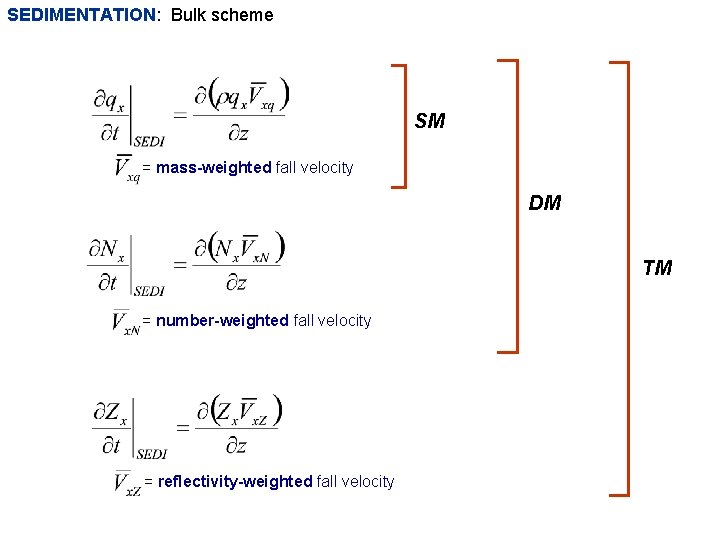 SEDIMENTATION: Bulk scheme SM = mass-weighted fall velocity DM TM = number-weighted fall velocity