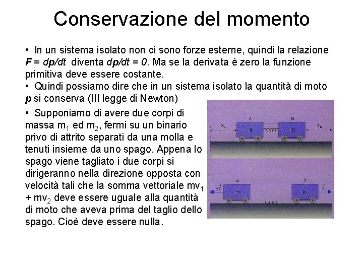 Conservazione del momento • In un sistema isolato non ci sono forze esterne, quindi