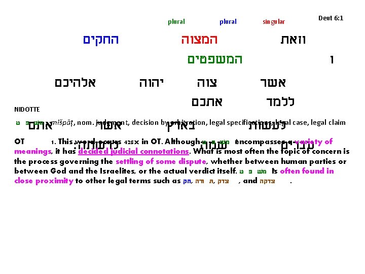 plural singular Deut 6: 1 החקים המצוה וזאת המשפטים ו אלהיכם יהוה צוה אשר