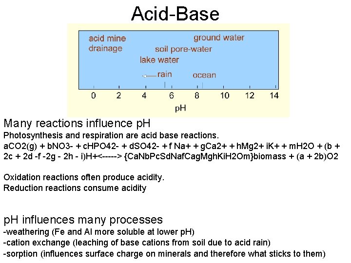 Acid-Base Many reactions influence p. H Photosynthesis and respiration are acid base reactions. a. Acid-Base Many reactions influence p. H Photosynthesis and respiration are acid base reactions. a.