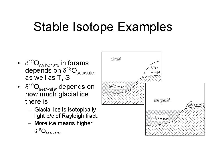 Stable Isotope Examples • 18 Ocarbonate in forams depends on 18 Oseawater as well Stable Isotope Examples • 18 Ocarbonate in forams depends on 18 Oseawater as well