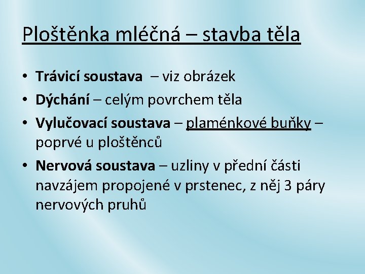 Ploštěnka mléčná – stavba těla • Trávicí soustava – viz obrázek • Dýchání –