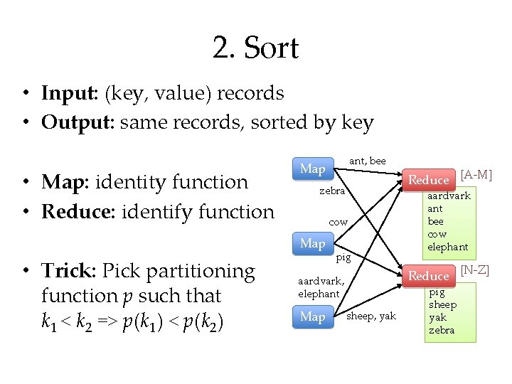 2. Sort • Input: (key, value) records • Output: same records, sorted by key