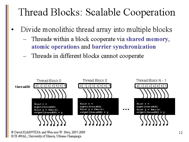 Thread Blocks: Scalable Cooperation • Divide monolithic thread array into multiple blocks – Threads