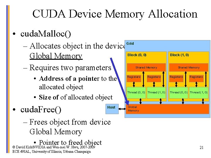 CUDA Device Memory Allocation • cuda. Malloc() – Allocates object in the device. Grid