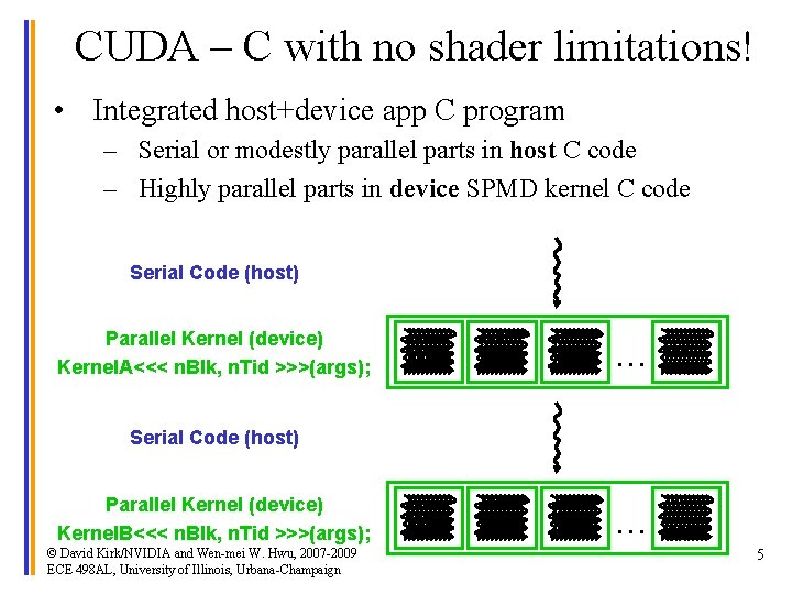 CUDA – C with no shader limitations! • Integrated host+device app C program –
