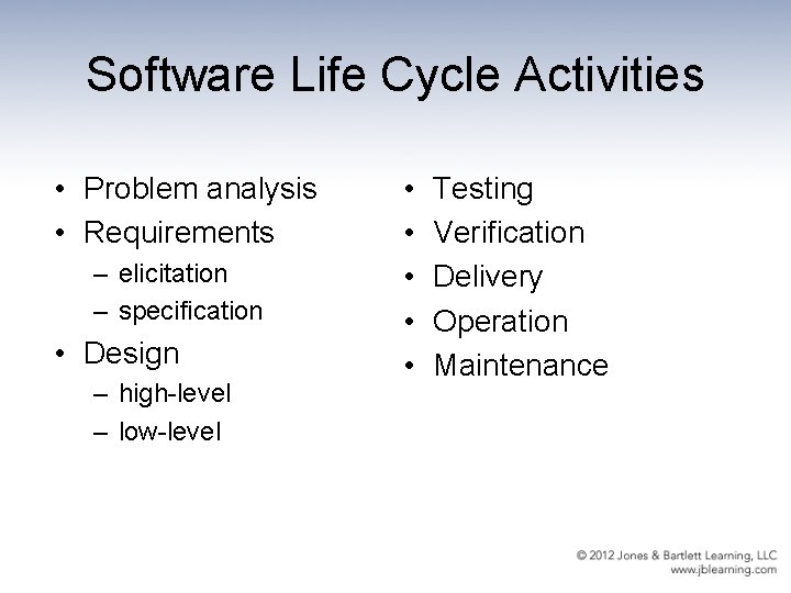 Software Life Cycle Activities • Problem analysis • Requirements – elicitation – specification •