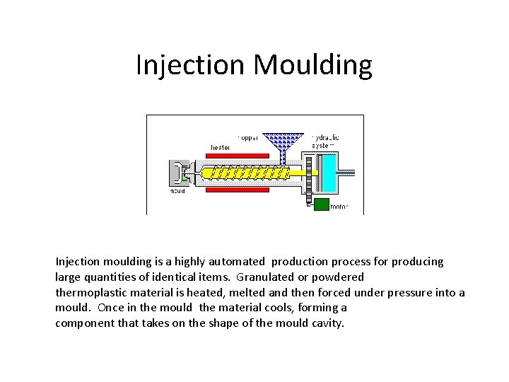 Injection Moulding Injection moulding is a highly automated production process for producing large quantities