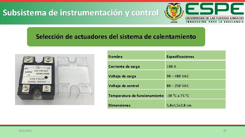 Subsistema de instrumentación y control Selección de actuadores del sistema de calentamiento Nombre Especificaciones