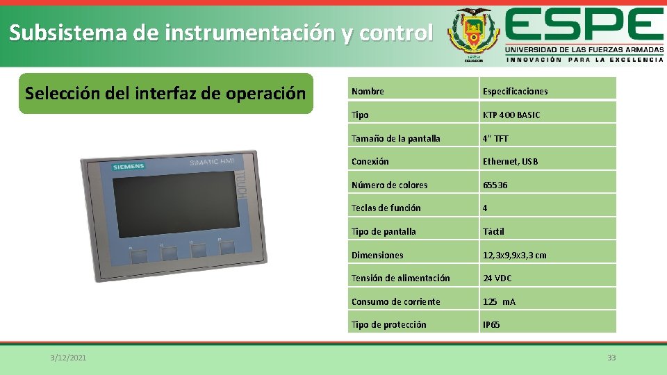 Subsistema de instrumentación y control Selección del interfaz de operación 3/12/2021 Nombre Especificaciones Tipo