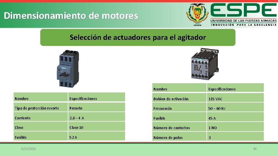 Dimensionamiento de motores Selección de actuadores para el agitador Nombre Especificaciones Bobina de activación