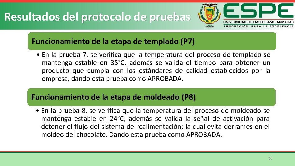 Resultados del protocolo de pruebas Funcionamiento de la etapa de templado (P 7) •