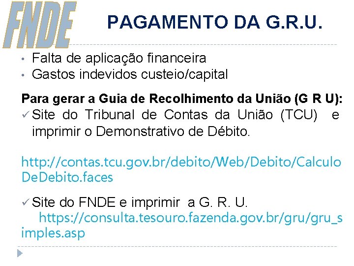 PAGAMENTO DA G. R. U. • • Falta de aplicação financeira Gastos indevidos custeio/capital