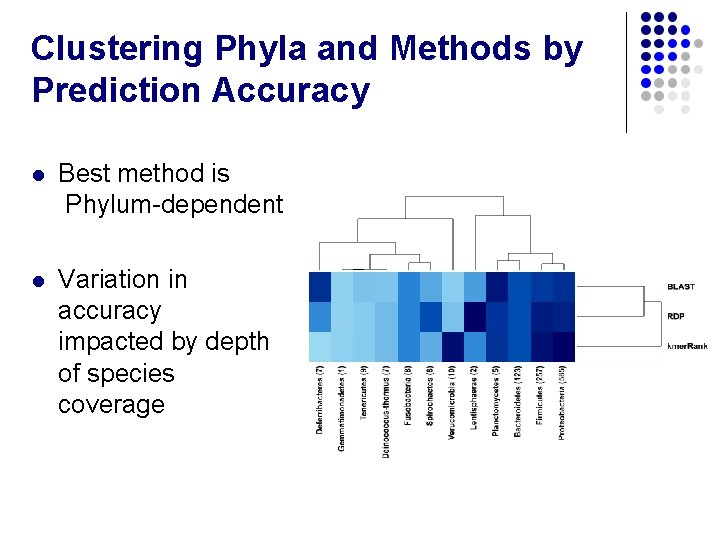 Clustering Phyla and Methods by Prediction Accuracy l Best method is Phylum-dependent l Variation