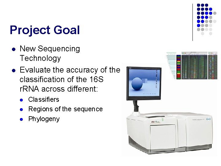 Project Goal l l New Sequencing Technology Evaluate the accuracy of the classification of