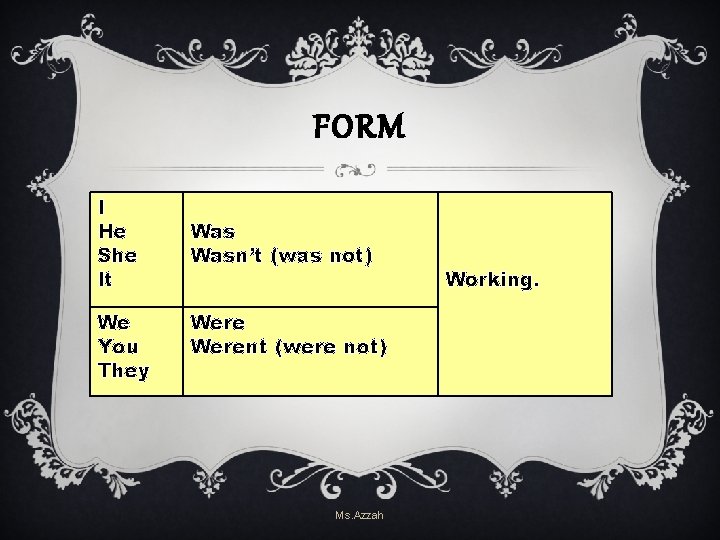 FORM I He She It We You They Wasn’t (was not) Werent (were not) FORM I He She It We You They Wasn’t (was not) Werent (were not)