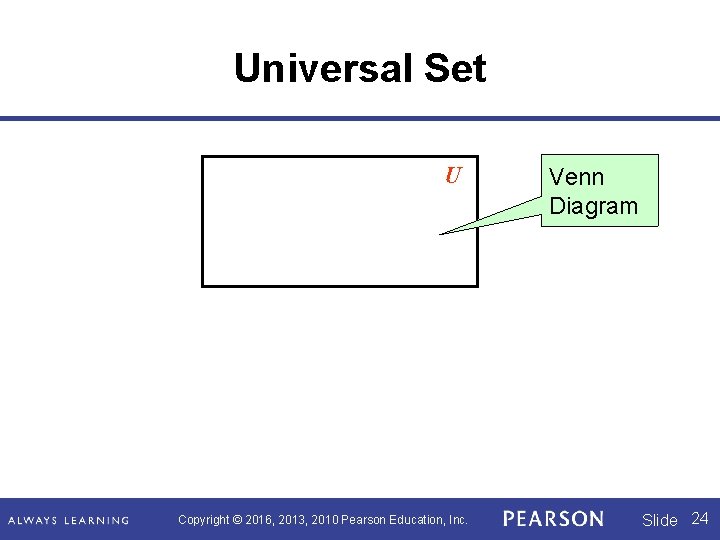 Universal Set U Copyright © 2016, 2013, 2010 Pearson Education, Inc. Venn Diagram Slide
