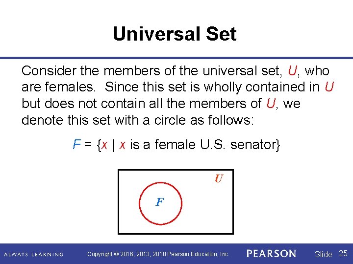 Universal Set Consider the members of the universal set, U, who are females. Since