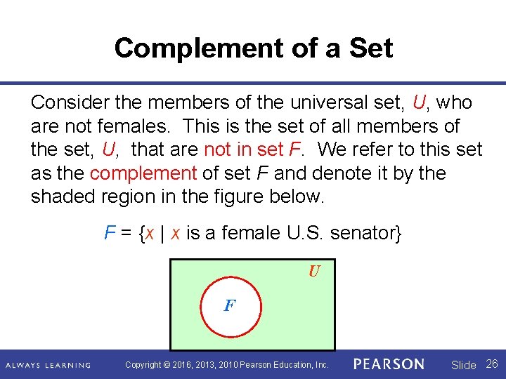 Complement of a Set Consider the members of the universal set, U, who are