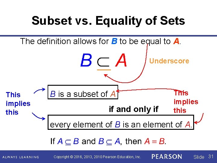 Subset vs. Equality of Sets The definition allows for B to be equal to