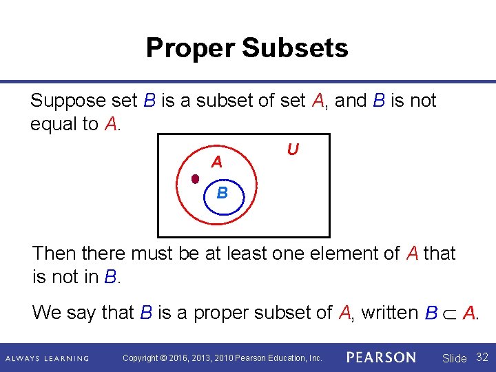 Proper Subsets Suppose set B is a subset of set A, and B is