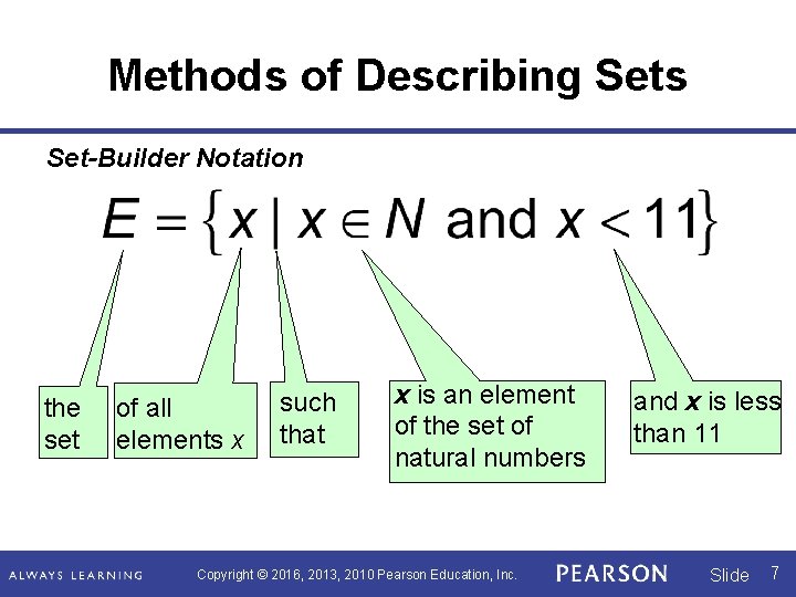 Methods of Describing Sets Set-Builder Notation the set of all elements x such that