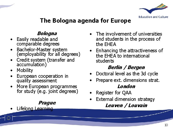 The Bologna agenda for Europe Bologna • Easily readable and comparable degrees • Bachelor-Master