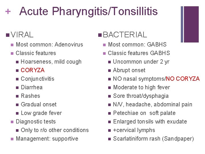 + Acute Pharyngitis/Tonsillitis VIRAL BACTERIAL Most common: Adenovirus Most common: GABHS Classic features Hoarseness,
