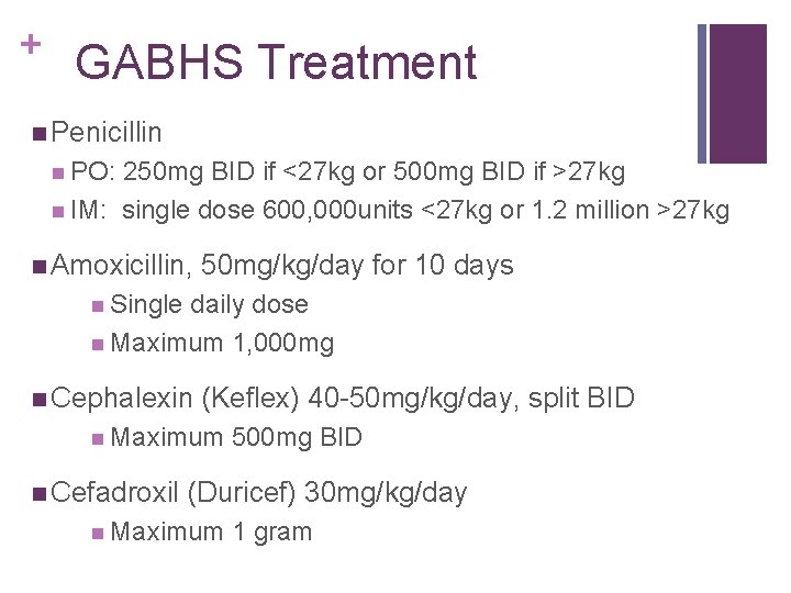+ GABHS Treatment Penicillin PO: 250 mg BID if <27 kg or 500 mg