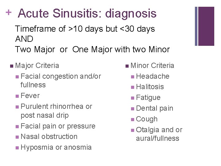 + Acute Sinusitis: diagnosis Timeframe of >10 days but <30 days AND Two Major