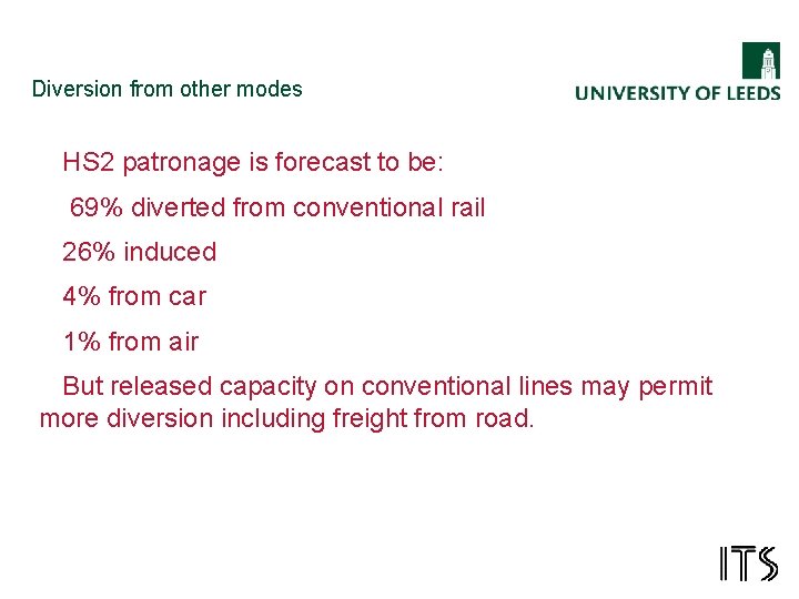 Diversion from other modes HS 2 patronage is forecast to be: 69% diverted from