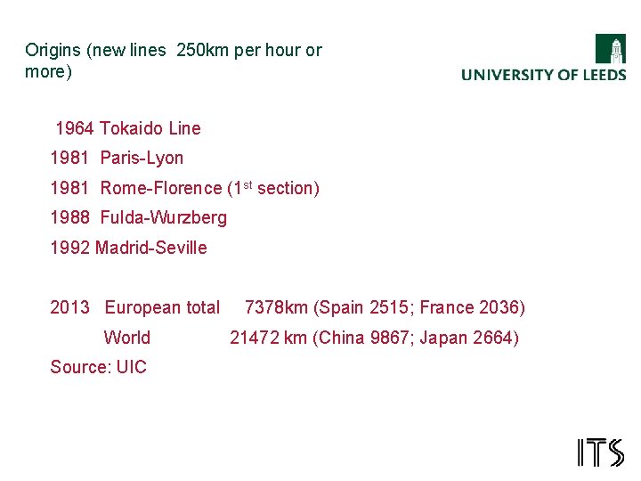 Origins (new lines 250 km per hour or more) 1964 Tokaido Line 1981 Paris-Lyon