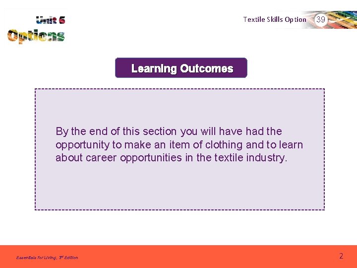 Textile Skills Option 39 Learning Outcomes By the end of this section you will