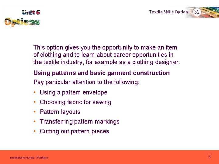 Textile Skills Option 39 This option gives you the opportunity to make an item