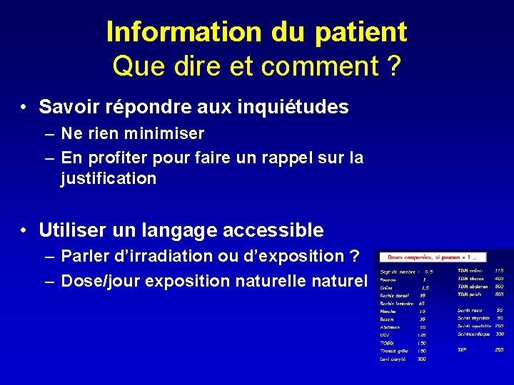 Information du patient Que dire et comment ? • Savoir répondre aux inquiétudes –