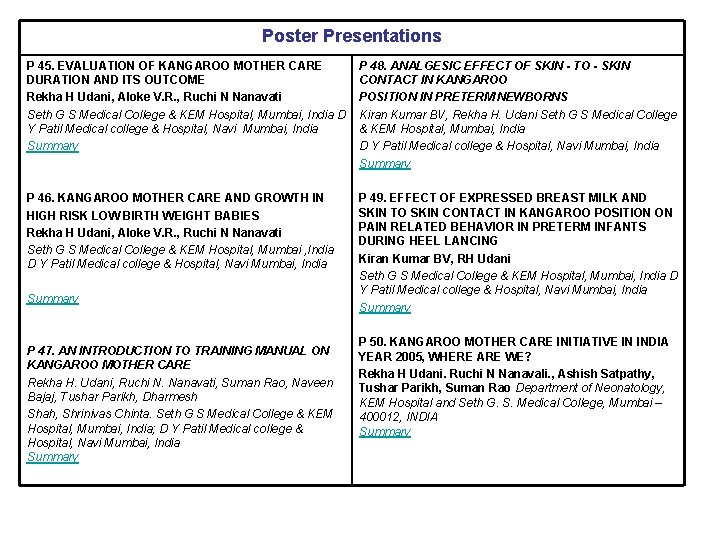 Poster Presentations P 45. EVALUATION OF KANGAROO MOTHER CARE DURATION AND ITS OUTCOME Rekha