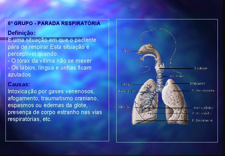 6º GRUPO - PARADA RESPIRATÓRIA Definição: É uma situação em que o paciente pára