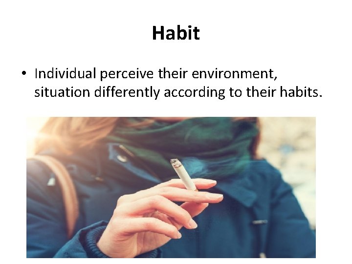 Habit • Individual perceive their environment, situation differently according to their habits. 