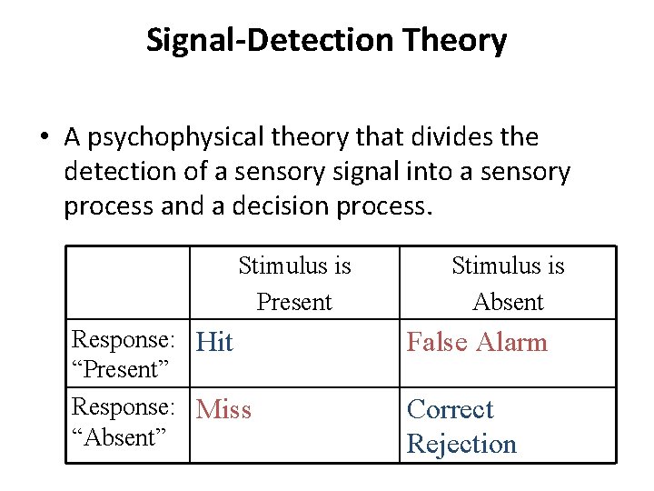 Signal-Detection Theory • A psychophysical theory that divides the detection of a sensory signal