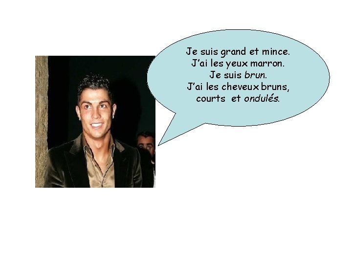 Je suis grand et mince. J’ai les yeux marron. Je suis brun. J’ai les