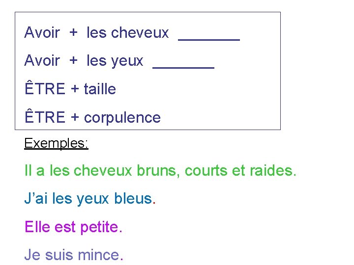 Avoir + les cheveux _______ Avoir + les yeux _______ ÊTRE + taille ÊTRE