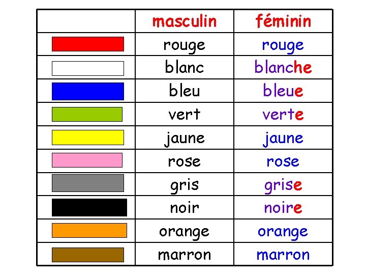 masculin rouge blanc bleu vert jaune rose gris noir orange marron féminin rouge blanche