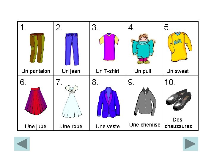 1. Un pantalon 6. Une jupe 2. Un jean 7. Une robe 3. Un