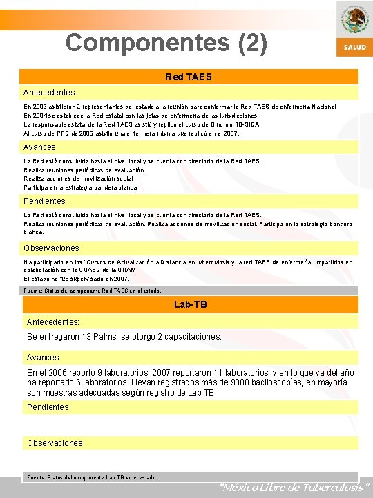 Componentes (2) Red TAES Antecedentes: En 2003 asistieron 2 representantes del estado a la