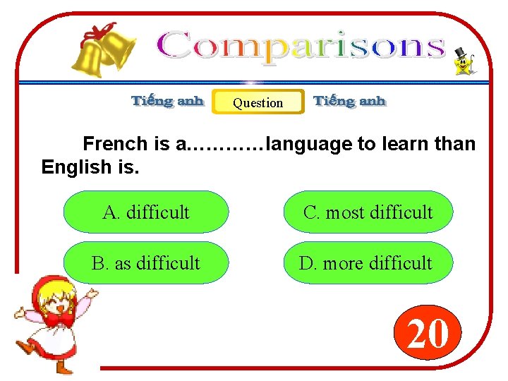 Question French is a…………language to learn than English is. A. difficult C. most difficult Question French is a…………language to learn than English is. A. difficult C. most difficult